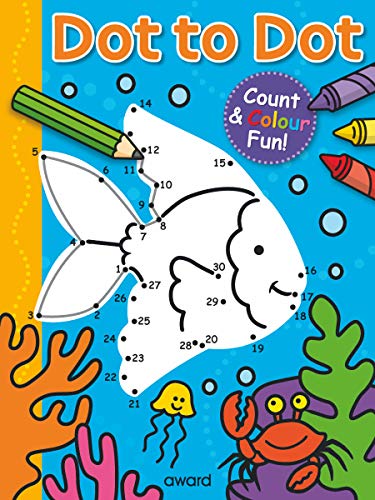 Dot to dot activity book cover with a fish, crayons, and sea life.