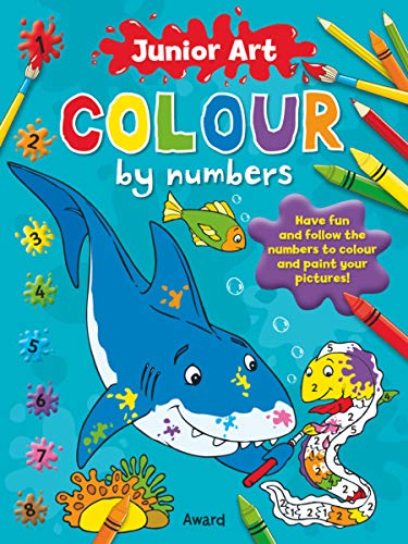 Junior Art Colour By Numbers book cover featuring a cartoon shark and colorful paint splatters.