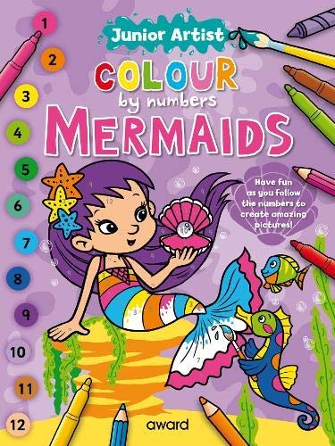 A colour by numbers book cover featuring a mermaid, seahorse, and colorful art supplies.