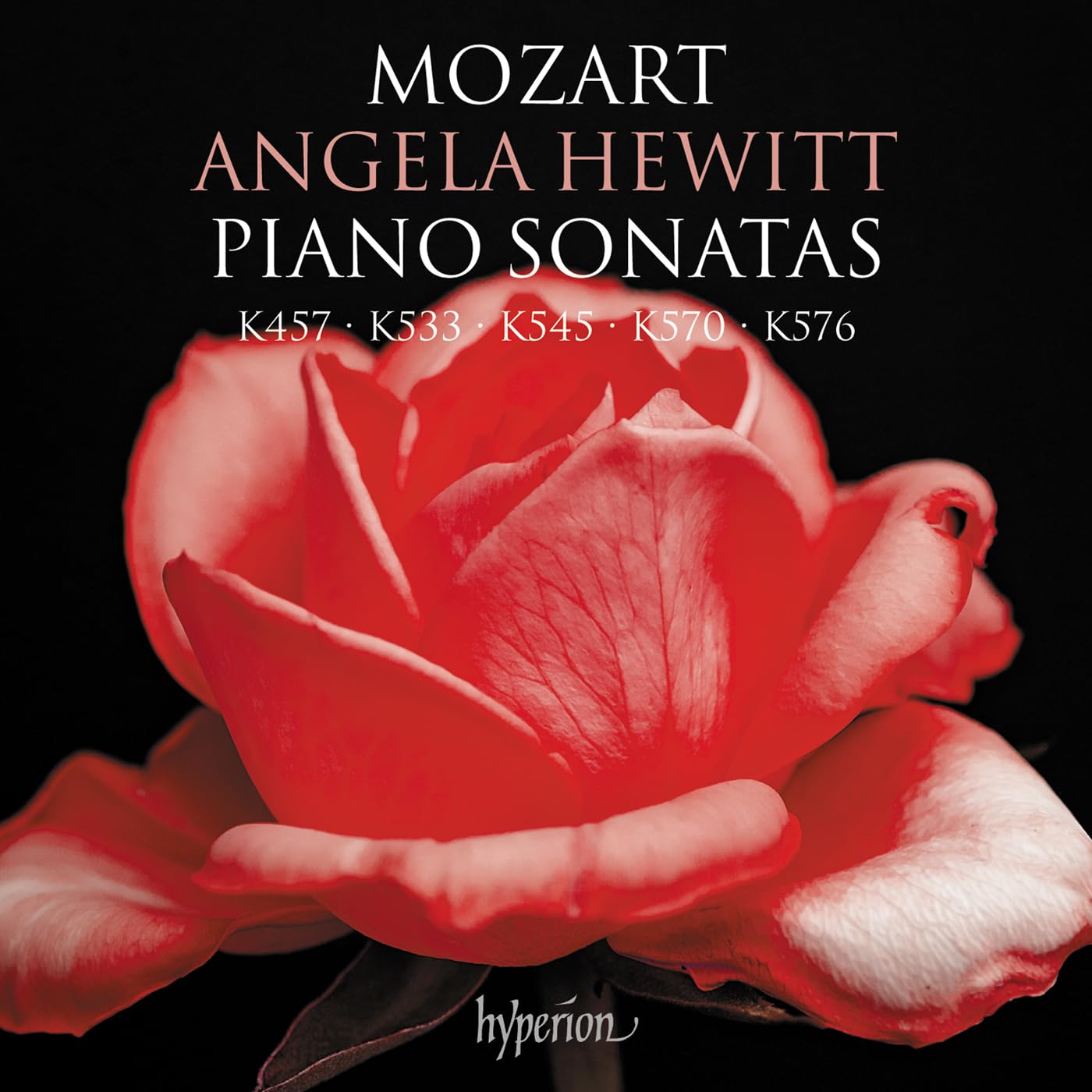 CD cover featuring Angela Hewitt, Mozart sonatas, and a red rose.