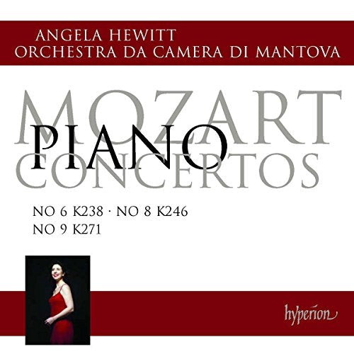 CD cover featuring Angela Hewitt, text on Mozart Piano Concertos, red and white design.