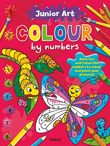 Junior Art colour by numbers book cover featuring a butterfly, caterpillar, and art supplies.