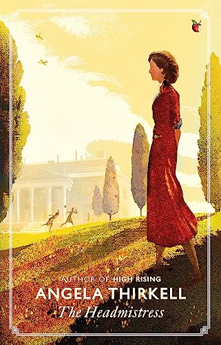 Book cover: woman in red dress stands on a hill overlooking a building.