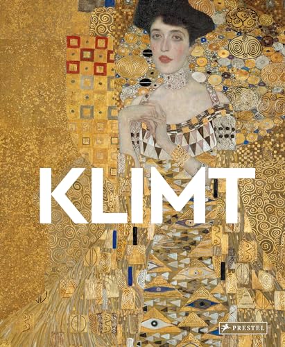 Golden portrait of a woman in ornate dress, Klimt art book cover.