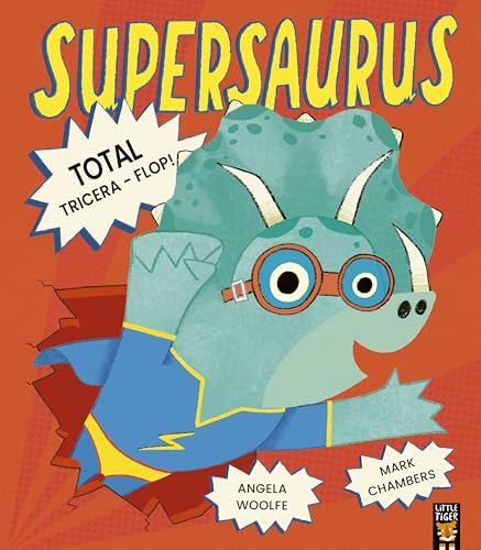 Blue triceratops wearing glasses and a red cape on an orange background.