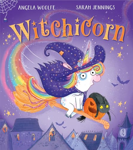 A white unicorn in a witch hat flying a broom with a black cat.