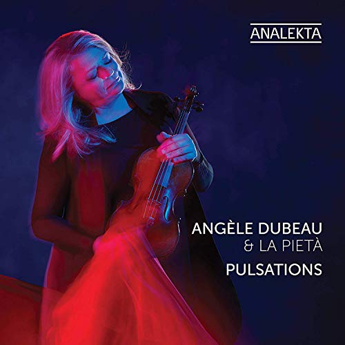 Angele Dubeau holding a violin, album cover with white text on a black background.