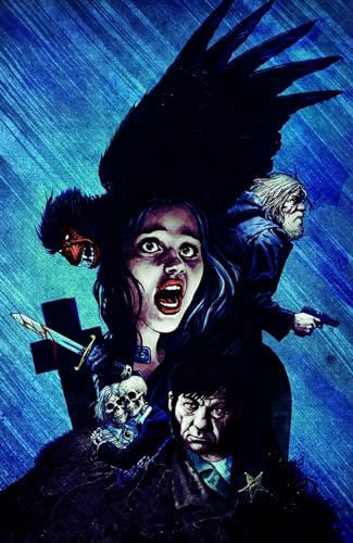Comic book cover featuring a distressed woman, a crow, and two men.