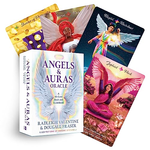 Angels & Auras Oracle deck box surrounded by four illustrated angel oracle cards.