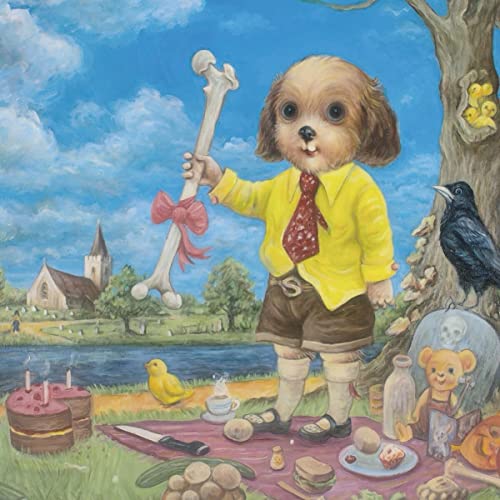 Dog in yellow clothes holds a bone in a surreal landscape.