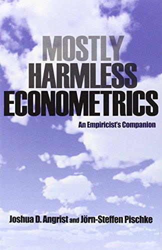 Book cover: "Mostly Harmless Econometrics" with a cloudy blue background.