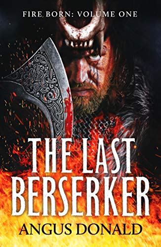 Book cover: fierce Viking warrior with axe, fiery background.