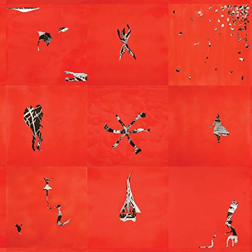 Red album cover with fragmented, silhouetted figures scattered across it.
