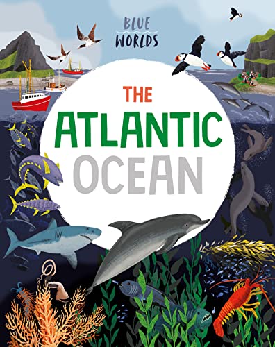 Book cover illustration of Atlantic Ocean marine life, including fish, a shark, and puffins.