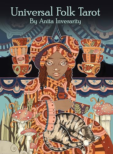 Tarot card deck cover featuring a woman, cat, and ornate folk art design.