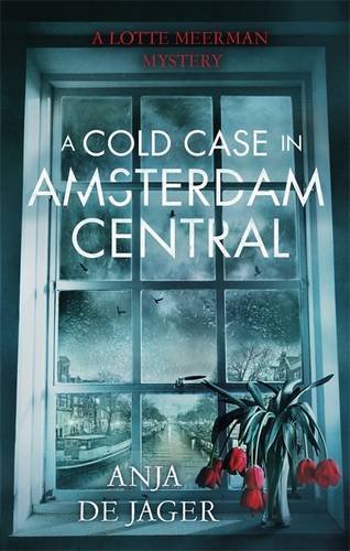 Book cover: window view of Amsterdam canal with red tulips.