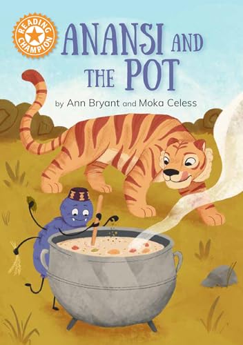 Book cover: Anansi the spider and a tiger near a steaming pot.