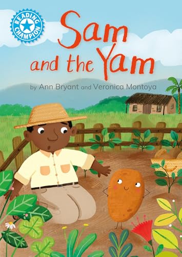 Book cover: boy with yam in a field, blue sky background.