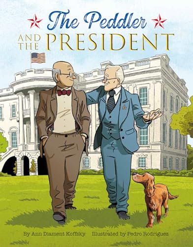 Book cover: two older men walking with a dog in front of the White House.