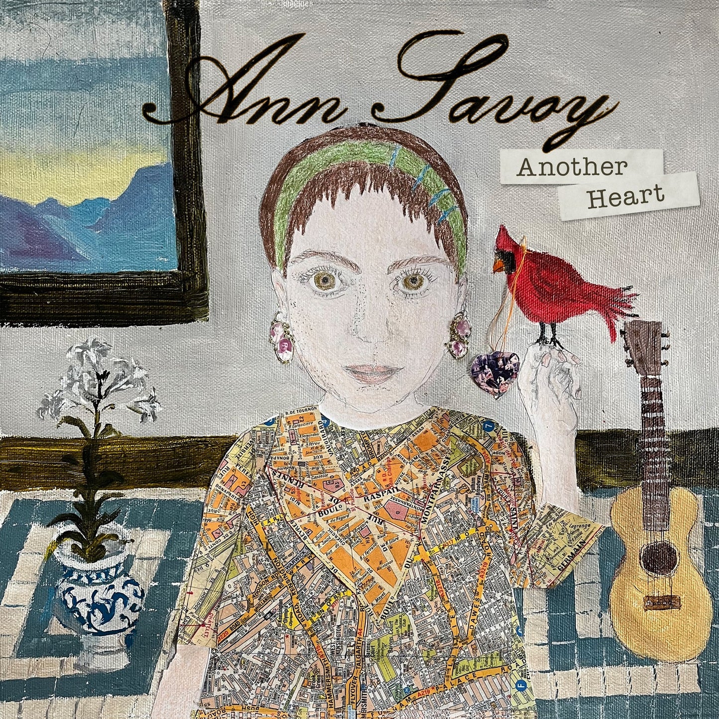 Album cover for Ann Savoy’s “Another Heart” featuring painted portrait and bird.