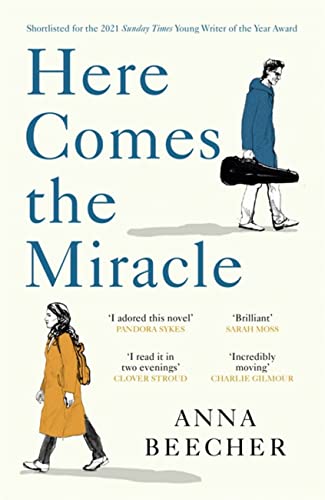 Book cover: "Here Comes the Miracle" by Anna Beecher, with sketched figures.