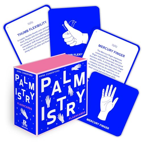 Palmistry flashcards with hand illustrations and text on a blue background.