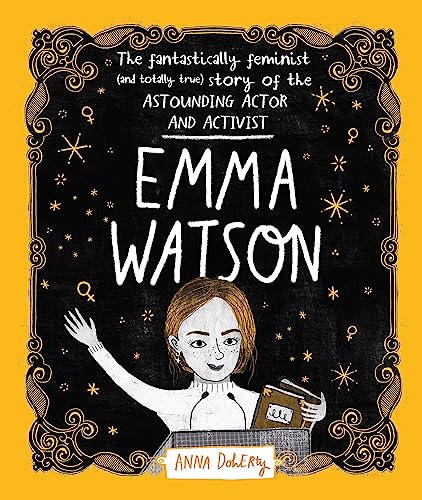 Book cover with illustrated portrait of Emma Watson and decorative elements.