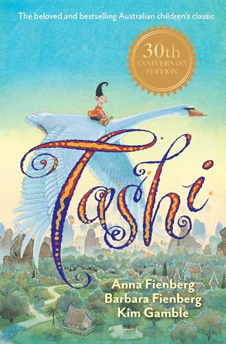Book cover: “Tashi” with a boy riding a large swan, illustrated style.