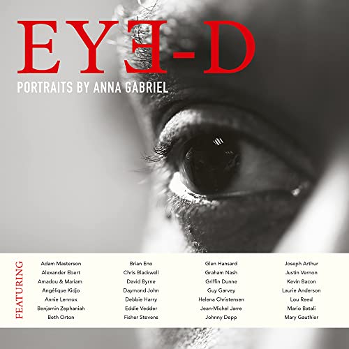 Close-up of an eye with red "Eye-D" title and featured names below.