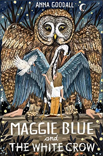 A girl stands before a giant owl, a heron, and a white bird at night.