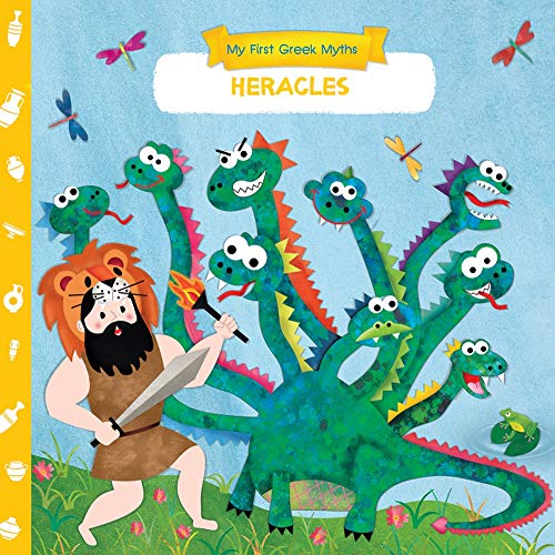 Heracles wearing a lion skin fights a multi-headed green dragon in this illustrated book.