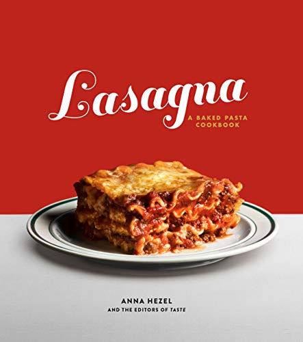 Lasagna cookbook cover with a slice of layered pasta on a plate.