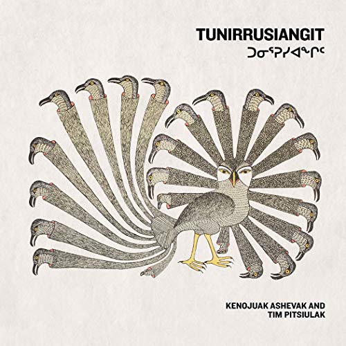 Stylized bird with radiating head patterns, light beige background.