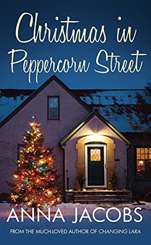 Book cover: cozy house with a decorated Christmas tree outside.