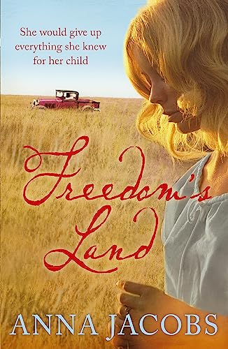 Book cover: woman’s profile, wheat field, red vintage car, title “Freedom’s Land”.