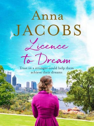 Book cover: woman with back to viewer, city skyline, blue sky.