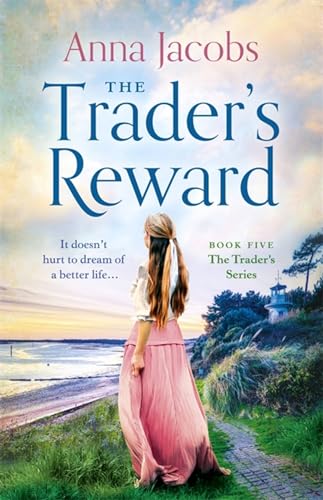 Book cover: woman looking at coastal landscape, titled "The Trader's Reward".