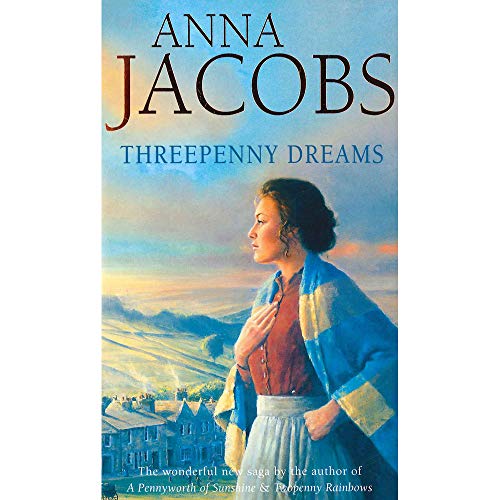 Book cover: “Threepenny Dreams” by Anna Jacobs, featuring a woman in a landscape.