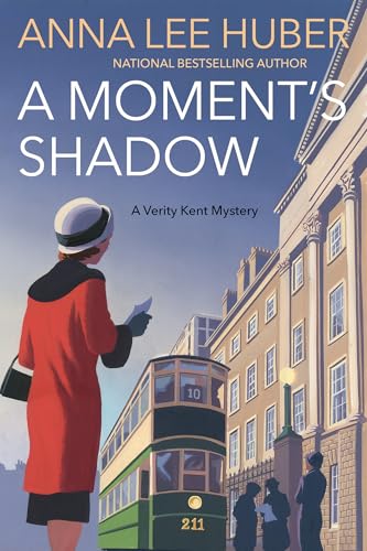 Book cover: woman in red coat, vintage tram, city buildings.