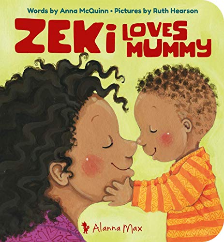 A mother and her young son touching noses on a light green book cover.