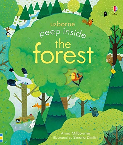 Book cover titled Peep Inside the Forest featuring illustrated trees, birds, and woodland animals.