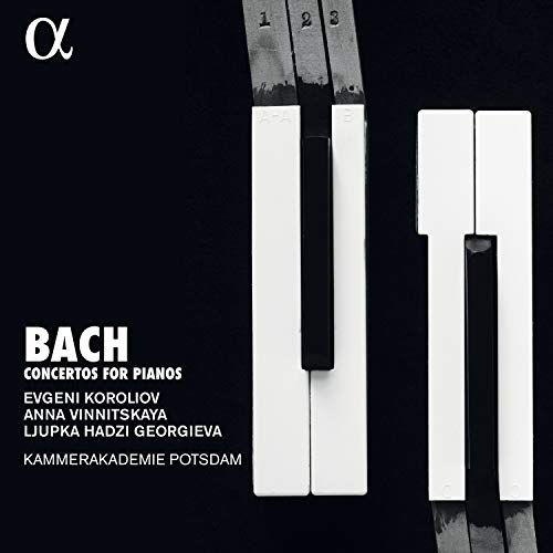 CD cover: black background, piano keys, text "BACH Concertos for Pianos".