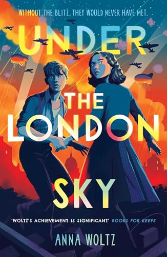 A boy and girl look up in fear against a backdrop of warplanes and fire.