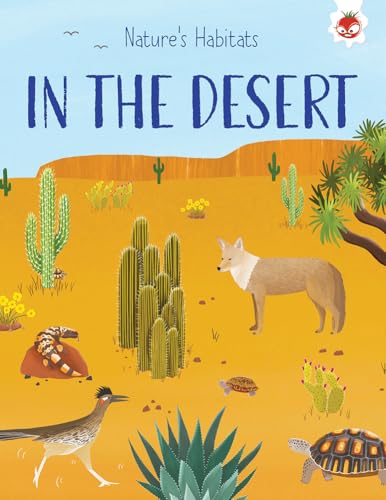 Desert landscape with cacti, a coyote, roadrunner, and tortoise.