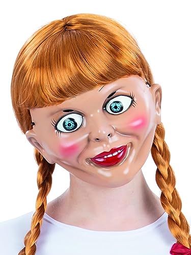 Annabelle doll mask with ginger hair in two braids, large eyes, and pink cheeks.