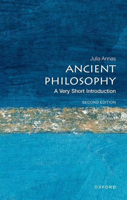 Book cover for Ancient Philosophy by Julia Annas with blue textured background and gold stripe.