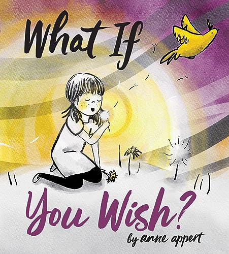 Book cover: girl blowing dandelion seeds, yellow bird, watercolor style.