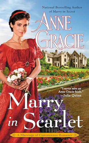 Book cover: woman in red dress holding flowers, castle background.