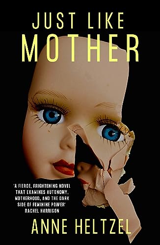 Book cover: cracked doll face with bright blue eyes, black background.