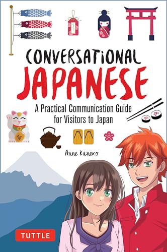 Book cover: "Conversational Japanese" with illustrations of Japan and people.